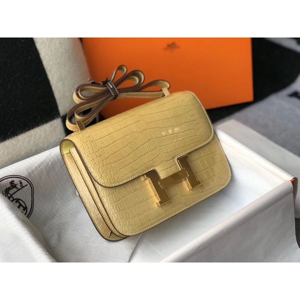 Hermes Constance 24cm Bag In Jaune Poussin Embossed Crocodile - Image 3