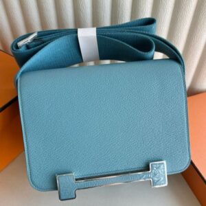 Hermes Geta Handmade Bag in Blue Jean Chevre Mysore Leather