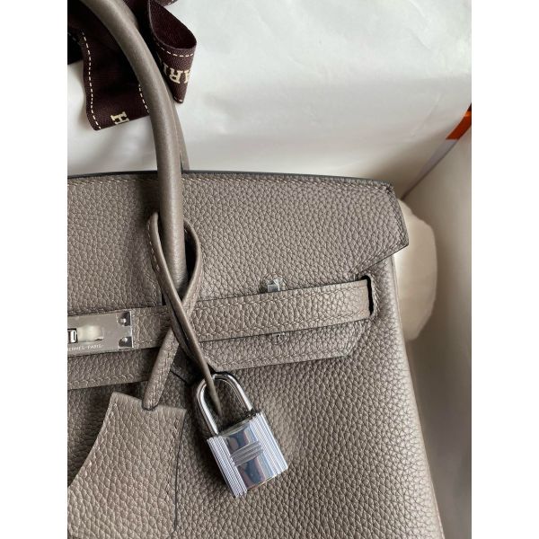 Hermes Birkin 25 Retourne Handmade Bag In Etain Clemence Leather - Image 3