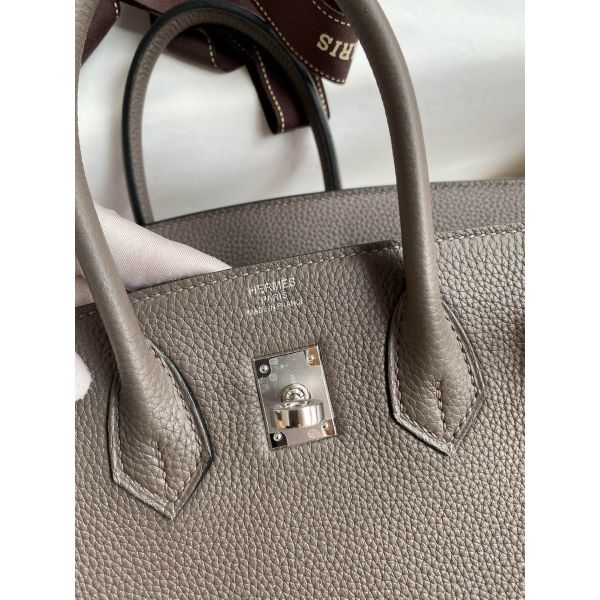 Hermes Birkin 25 Retourne Handmade Bag In Etain Clemence Leather - Image 6