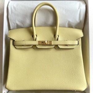Hermes Birkin 25 Retourne Handmade Bag in Jaune Poussin Clemence Leather