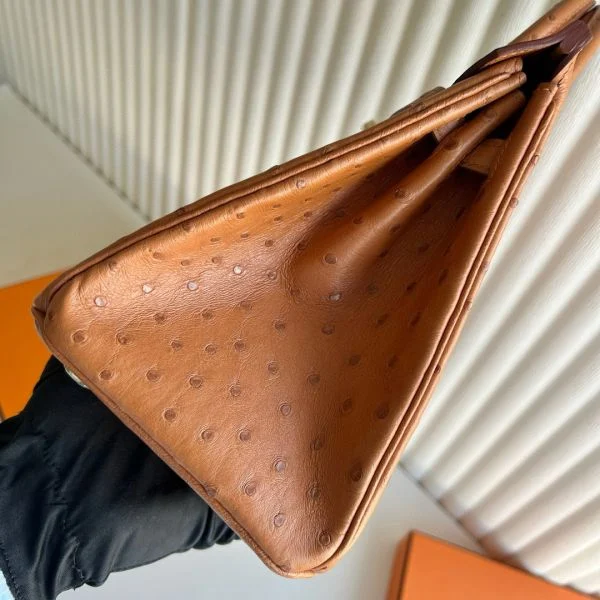 Hermes Birkin 25 Retourne Handmade Bag in Gold Ostrich Leather - Image 5