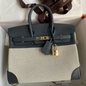 Hermes Birkin 25 Handmade Bag in Toile & Gris Misty Swift Leather
