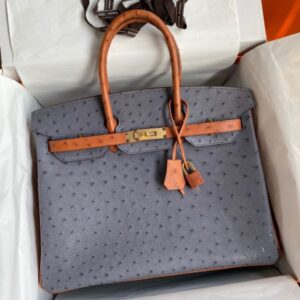 Hermes HSS Birkin 35 Bicolor Bag in Gris Agate and Gold Ostrich Leather