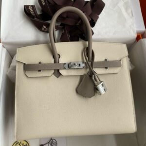 Hermes HSS Birkin 25 Sellier Bag in Craie and Gris Asphalt Epsom Calfskin