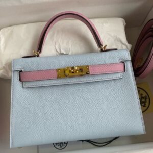 Hermes Kelly Mini II Sellier Bicolor Handmade Bag in Blue Brume and Mauve Sylvestre Epsom Calfskin