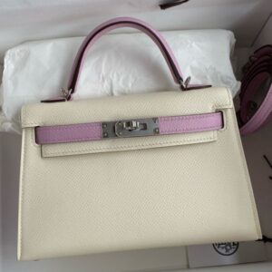 Hermes Kelly Mini II Sellier Bicolor Handmade Bag in Nata and Mauve Sylvestre Epsom Calfskin