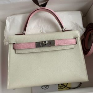 Hermes Kelly Mini II Sellier Bicolor Handmade Bag in Nata and Rose Sakura Chevre Mysore Leather