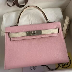 Hermes Kelly Mini II Sellier Bicolor Handmade Bag in Rose Sakura and Nata Chevre Mysore Leather