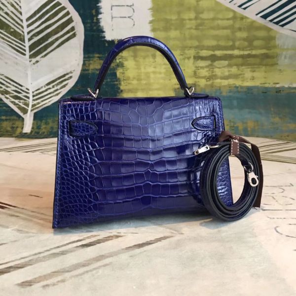 Hermes Kelly Mini II Handmade Bag In Blue Alligator Crocodile - Image 2