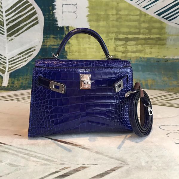 Hermes Kelly Mini II Handmade Bag In Blue Alligator Crocodile - Image 3
