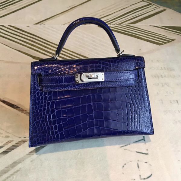 Hermes Kelly Mini II Handmade Bag In Blue Alligator Crocodile - Image 4