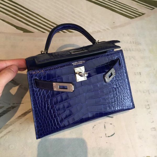 Hermes Kelly Mini II Handmade Bag In Blue Alligator Crocodile - Image 5