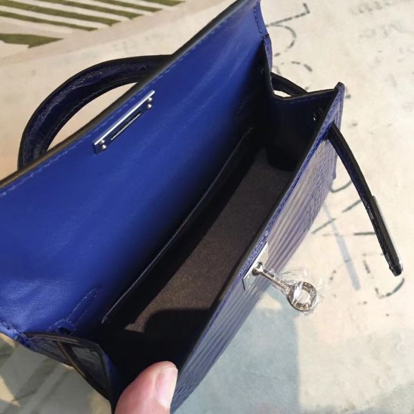 Hermes Kelly Mini II Handmade Bag In Blue Alligator Crocodile - Image 7