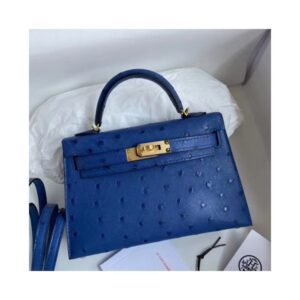 Hermes Kelly Mini II Handmade Bag In Blue Electric Ostrich Leather