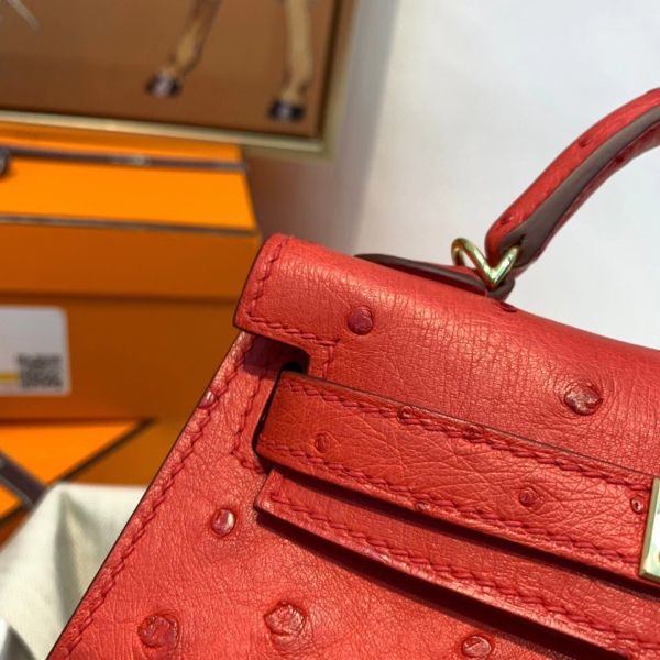 Hermes Kelly Mini II Handmade Bag In Red Ostrich Leather - Image 2