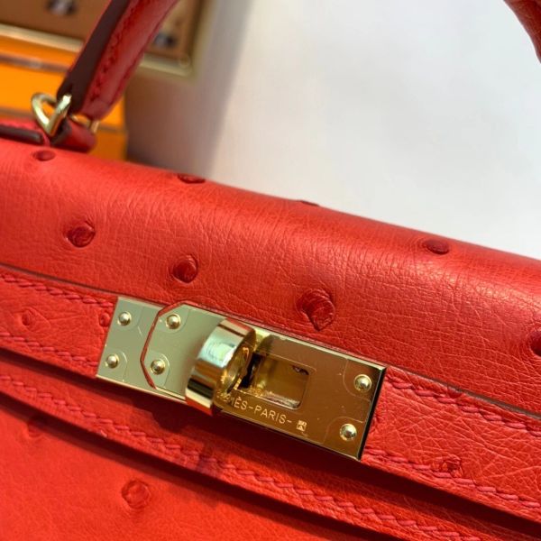 Hermes Kelly Mini II Handmade Bag In Red Ostrich Leather - Image 3