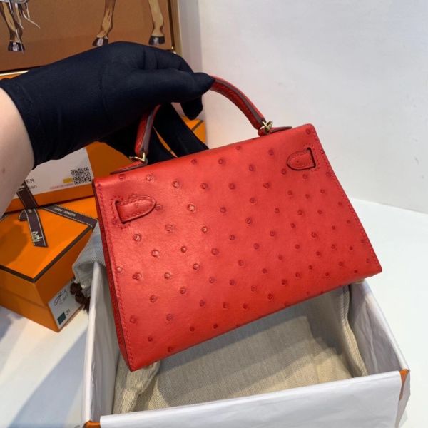 Hermes Kelly Mini II Handmade Bag In Red Ostrich Leather - Image 4