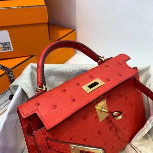 Hermes Kelly Mini II Handmade Bag In Red Ostrich Leather - Image 6