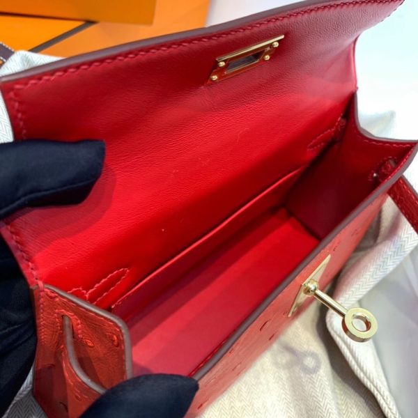 Hermes Kelly Mini II Handmade Bag In Red Ostrich Leather - Image 8