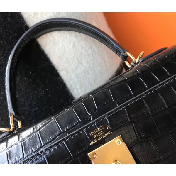 Hermes Kelly 25cm Handmade Bag In Black Embossed Crocodile Leather - Image 6