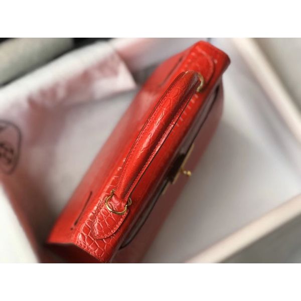 Hermes Kelly 25cm Handmade Bag In Red Embossed Crocodile Leather - Image 5