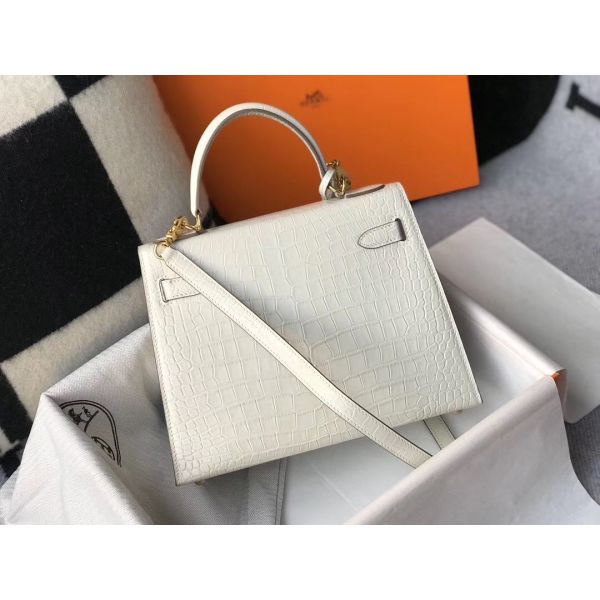 Hermes Kelly 25cm Handmade Bag In White Embossed Crocodile Leather - Image 4