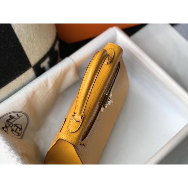 Hermes Kelly 25cm Handmade Bag In Yellow Embossed Crocodile Leather - Image 3