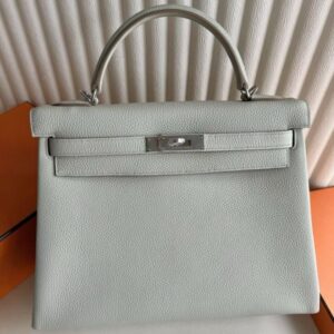 Hermes Kelly Retourne 32 Handmade Bag in Pearl Grey Clemence Leather