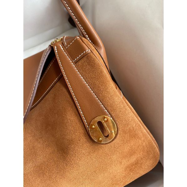 Hermes Lindy 30 Handmade Bag In Gold Doblis Suede Calfskin - Image 2