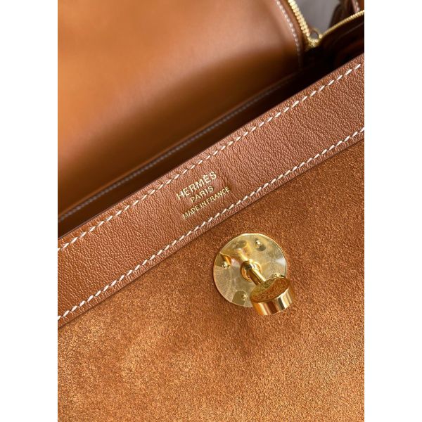 Hermes Lindy 30 Handmade Bag In Gold Doblis Suede Calfskin - Image 7