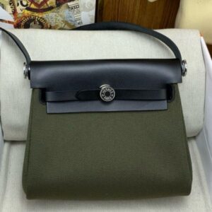 Hermes Herbag Zip 20 Bag in Green Canvas and Black Hunter Calfskin