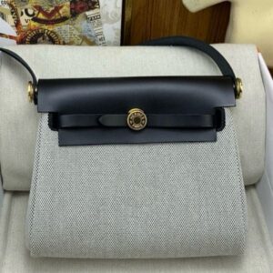 Hermes Herbag Zip 20 Bag in Grey Canvas and Black Hunter Calfskin