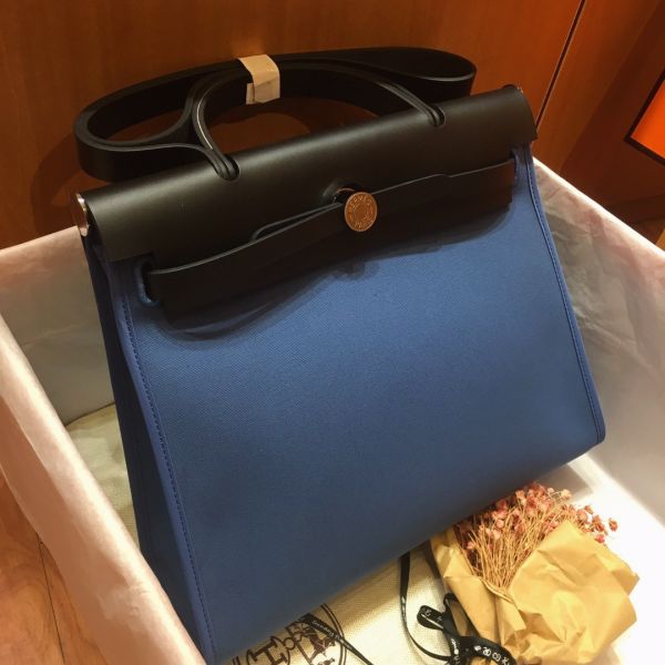 Hermes Herbag Zip 31cm Bag In Black And Blue - Image 3