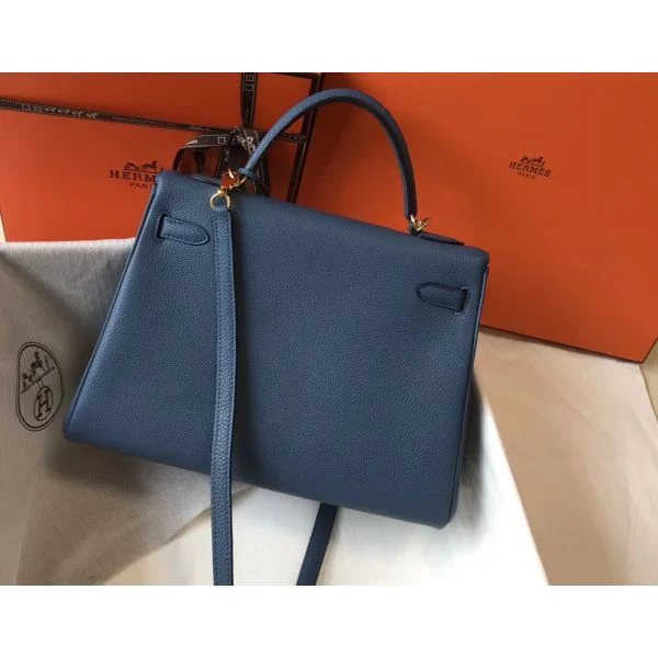 Hermes Kelly 32cm Bag In Blue Agate Clemence Leather GHW - Image 2