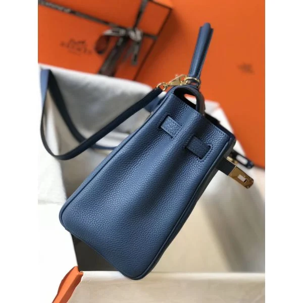 Hermes Kelly 32cm Bag In Blue Agate Clemence Leather GHW - Image 3