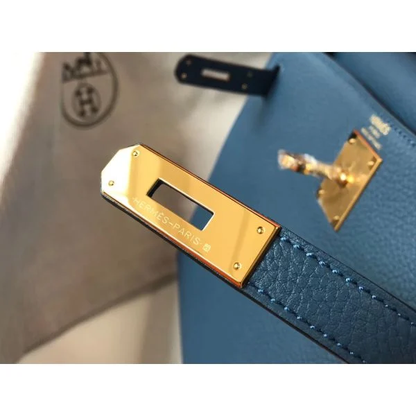 Hermes Kelly 32cm Bag In Blue Agate Clemence Leather GHW - Image 5