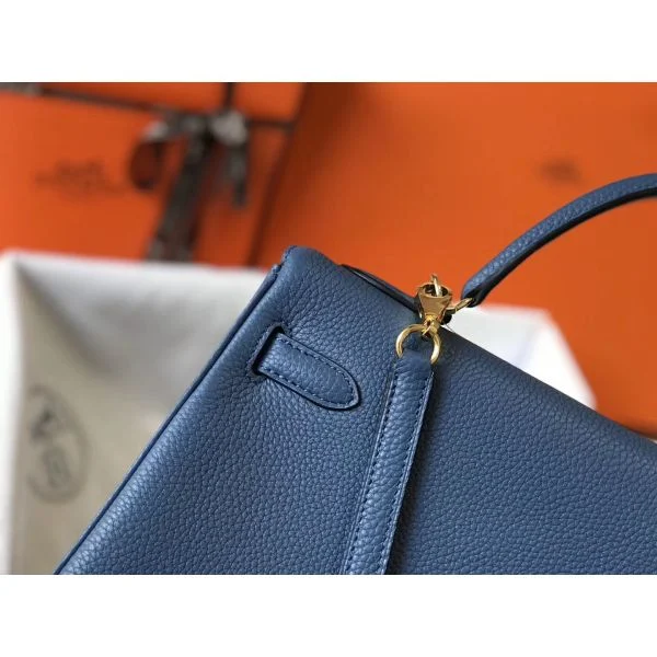 Hermes Kelly 32cm Bag In Blue Agate Clemence Leather GHW - Image 6