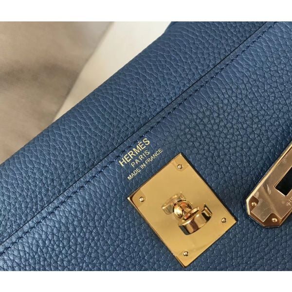 Hermes Kelly 32cm Bag In Blue Agate Clemence Leather GHW - Image 7