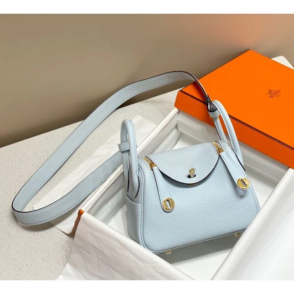 Hermes Lindy Mini Bag In Blue Brume Clemence Leather GHW - Image 2
