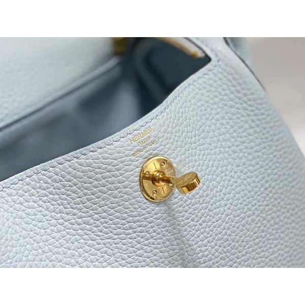 Hermes Lindy Mini Bag In Blue Brume Clemence Leather GHW - Image 7