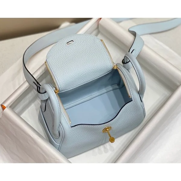 Hermes Lindy Mini Bag In Blue Brume Clemence Leather GHW - Image 9