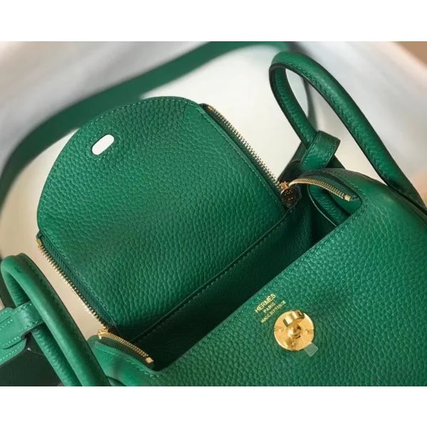 Hermes Lindy Mini Bag In Green Clemence Leather GHW - Image 6