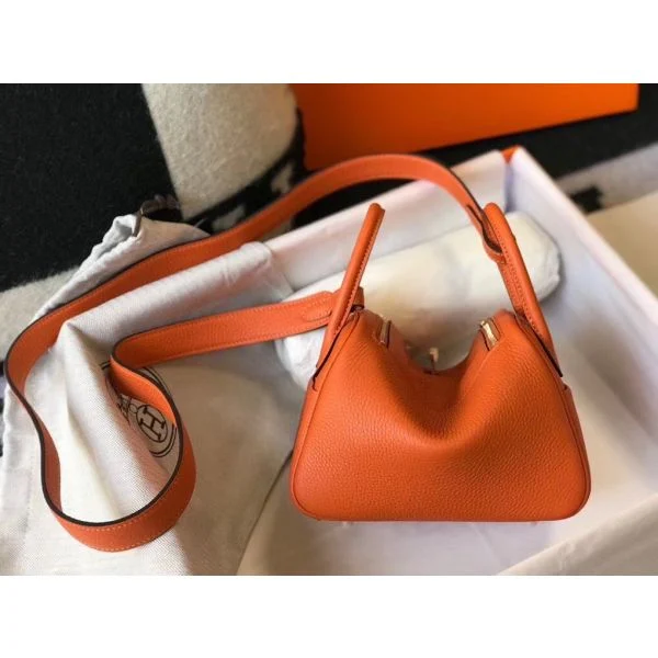 Hermes Lindy Mini Bag In Orange Clemence Leather GHW - Image 2