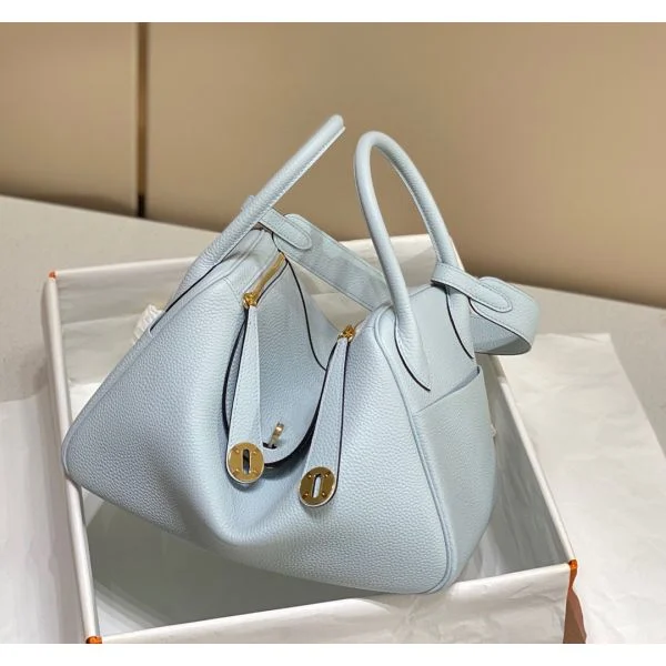 Hermes Lindy 26cm Bag In Blue Brume Clemence Leather GHW - Image 2