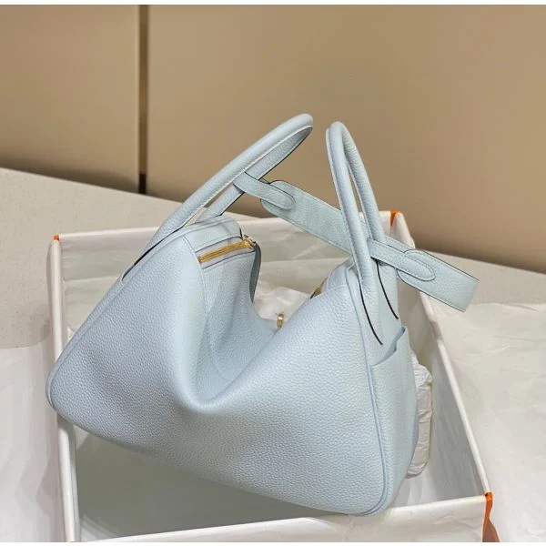 Hermes Lindy 26cm Bag In Blue Brume Clemence Leather GHW - Image 8
