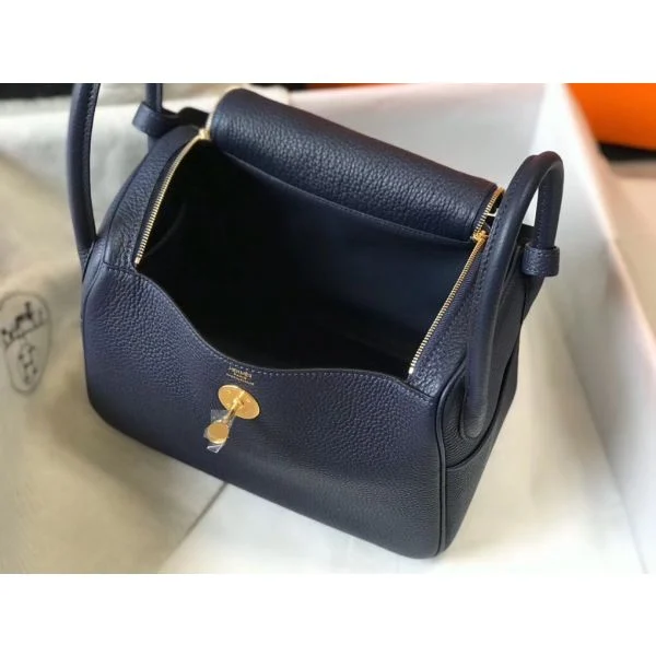 Hermes Lindy 26cm Bag In Navy Blue Clemence Leather GHW - Image 7