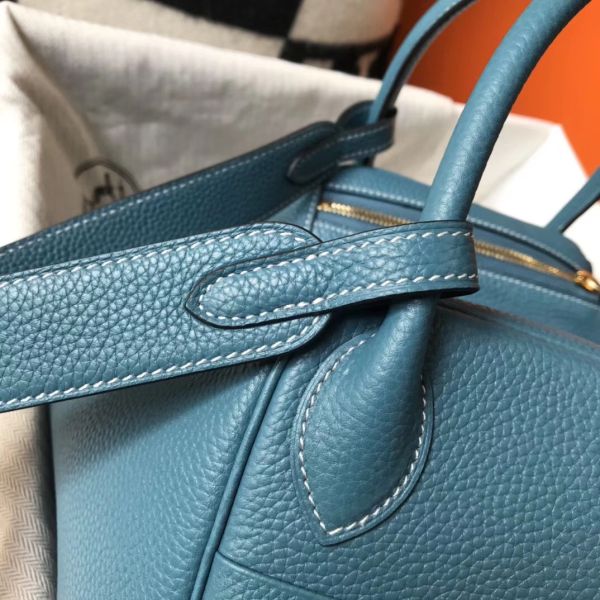Hermes Lindy 30cm Bag In Blue Jean Clemence Leather GHW - Image 4