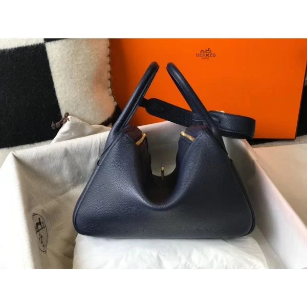 Hermes Lindy 30cm Bag In Navy Blue Clemence Leather GHW - Image 2