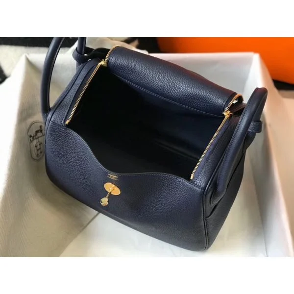 Hermes Lindy 30cm Bag In Navy Blue Clemence Leather GHW - Image 8
